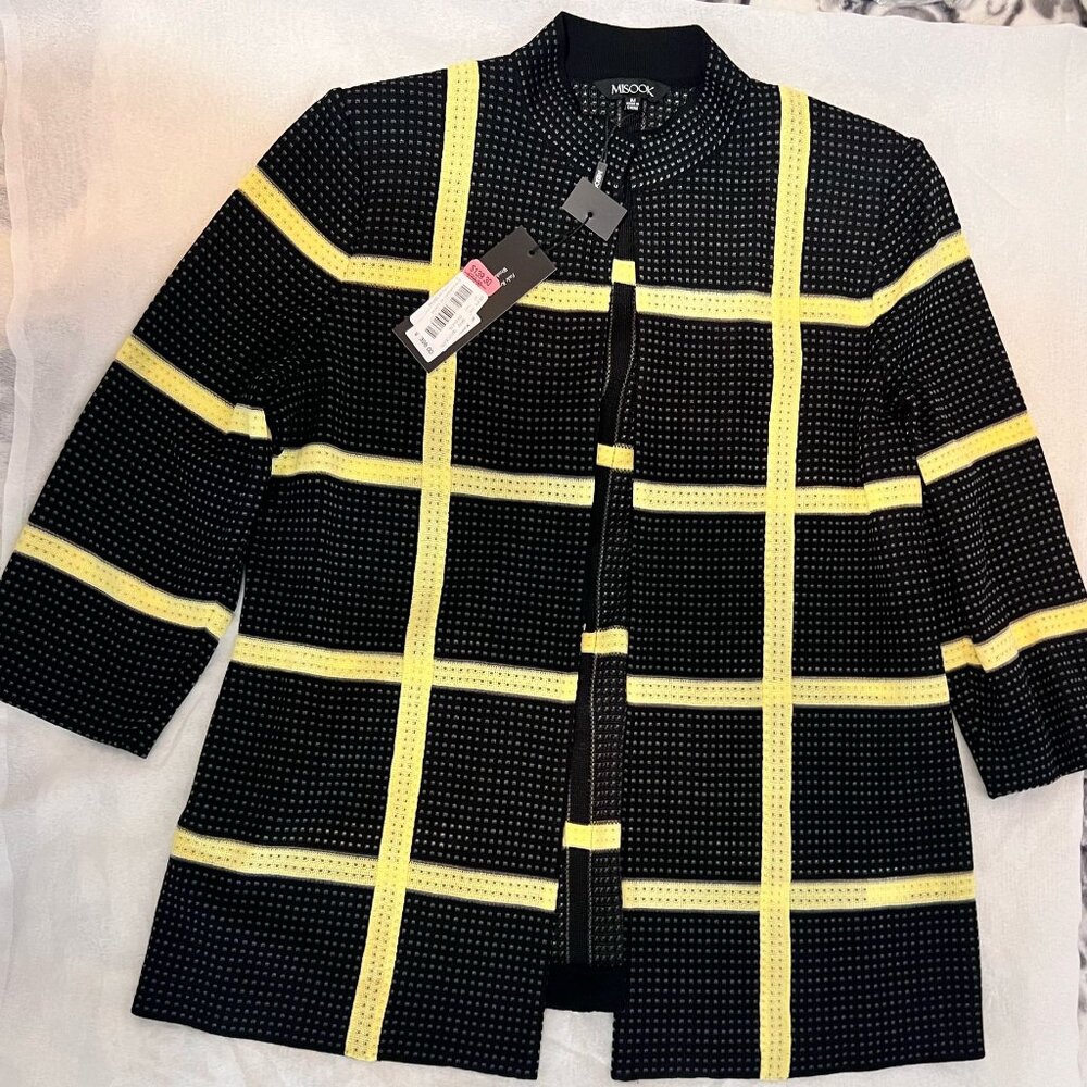 MISOOK womens black yeloww windowpane KNIT JACKET LAGENLOOK CALSIC DESIGNER